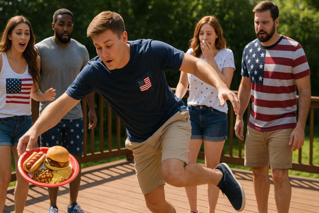 man slipping on deck with food in hand
