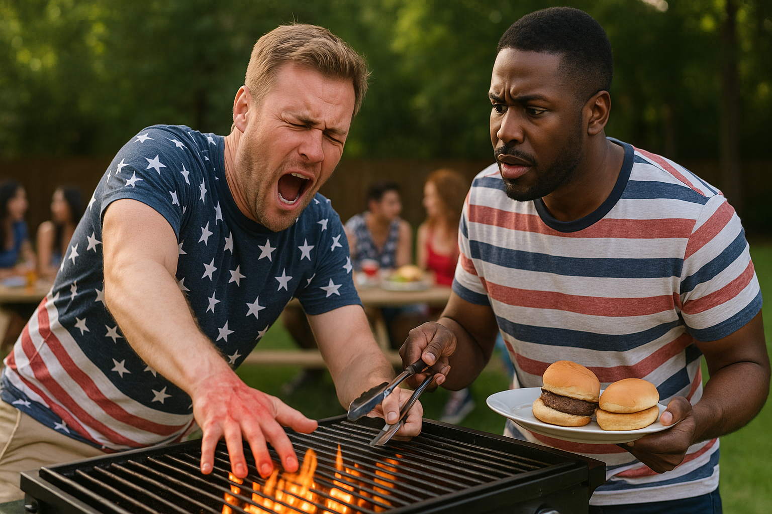 man getting burned by grill at a party 